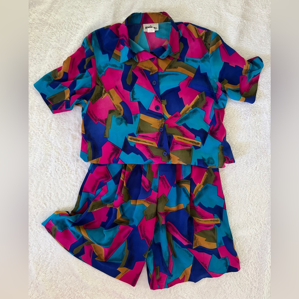 Katie Brooke vintage 1980’s shorts & top geometric bright print set EVC size 12